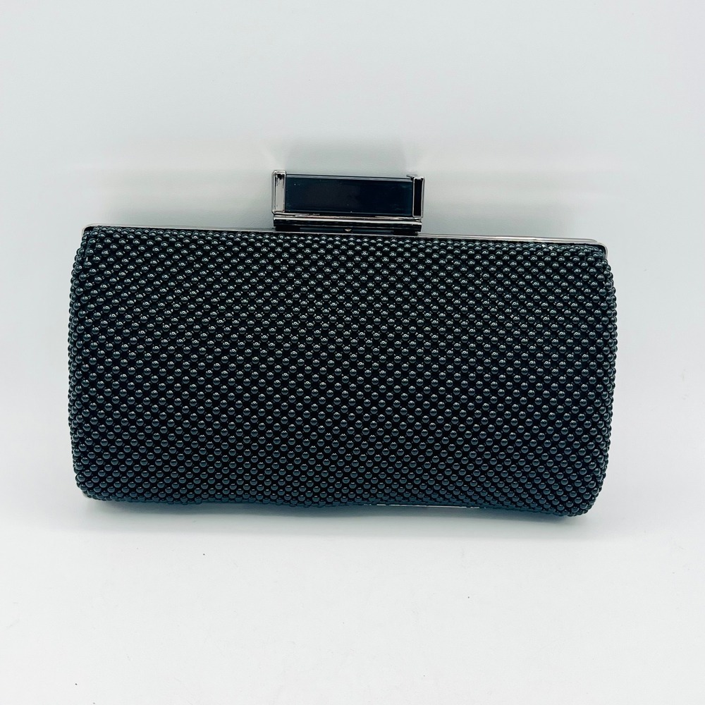 Jessica McClintock Black Beaded Hard Shell Clutch Evening Bag Crossbody Strap